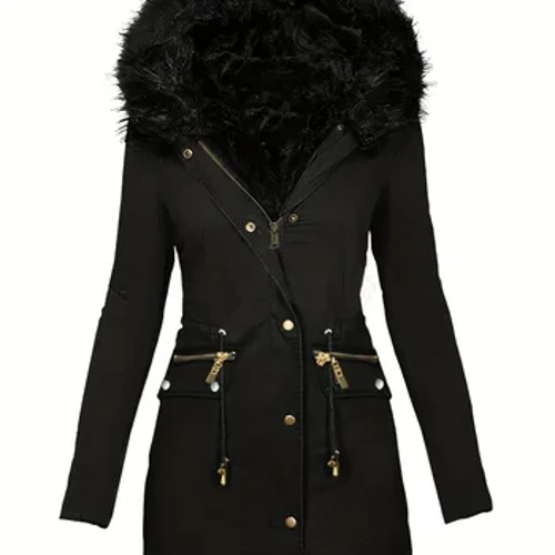 Faux Fur Hood parka armarria, kremaileradun botoiekin aurrealdeko poltsikoko beroki termikoa, emakumezkoen arropa