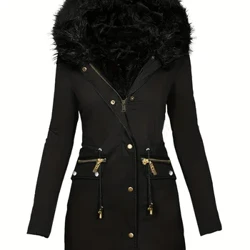 Faux Pelz Hood Drawstring Parka Mantel, Zip Up Button Front Pocket Thermal Overcoat, Dame Kleeder