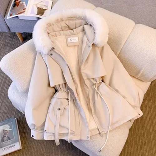 Côt Gynnes â Phadin Cotwm Newydd i Ferched 2023 Côt Parkas Hydref y Gaeaf Llawes Hir Merched Zipper Hooded Llinynnol Drawing Parkas