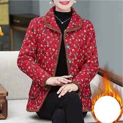 Musim Dingin Elegan Fashion Harajuku Plus Beludru Atasan Wanita Kasual Semua Cocok Parka Tombol Patchwork Dicetak Lengan Panjang Pakaian Luar