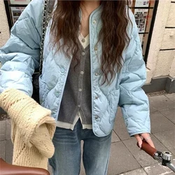 Luxus-B 145USD Himmelblo gesteppt Gepolstert Kotteng Parkas Mantel Hierscht Wanter Solid Jacket Loos Casual Studenten Séiss Meedercher