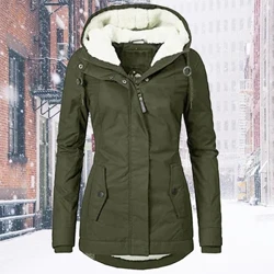 Abrigo de otoño-invierno para mujer, Chaqueta larga gruesa de felpa sólida y cálida para senderismo al aire libre, abrigo Parka informal a prueba de viento con capucha, abrigo