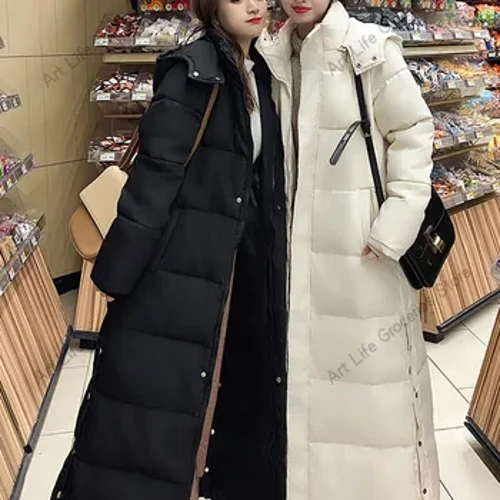 Jaket Musim Dingin Wanita X-panjang Menebal Mantel dengan Tudung Lurus Elegan Pakaian Luar 2024 Korea Fashion Wanita Parka