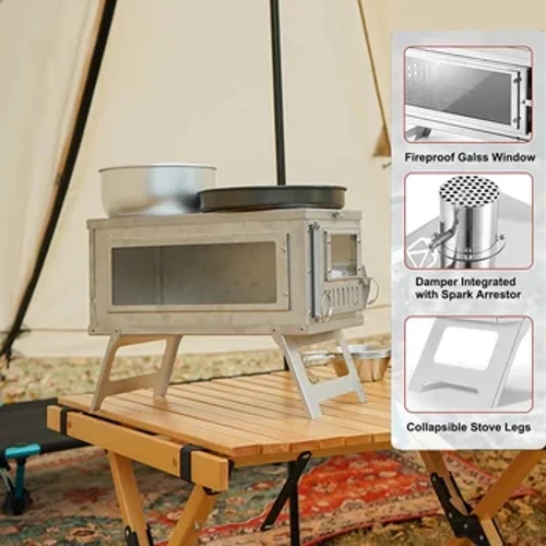 Portable Camping Zelt Uewen mat Glas Fënster Wanderen Verbrannt Uewen Outdoor Feier Holz Heizungen Quick Assemblée Rucksak
