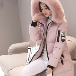 Fraen Wanter Pelz Halsband Hooded Parka Moud Bréif Patch Zipper Pocket Design Laang Jackett Elegant Schlank Warm Déck Weiblech Mäntel
