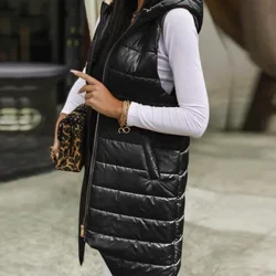 Dames lang jasvest met capuchon Mouwloos Warme donsjas met zakken Gewatteerd vest Donsjack Gewatteerde winterbuitenjas