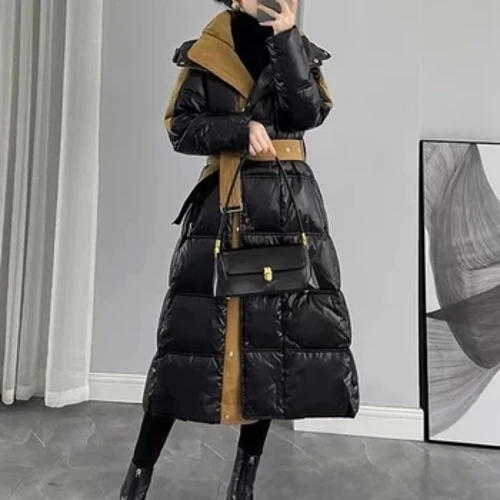 Casual Sustans Lodiak Neguko spliced ​​Kaputxadun Parkak Office Lady Patchwork Beheko berokiak Udazkeneko Neguko Arropa Emakumeen poltsikoak Beroki luzea