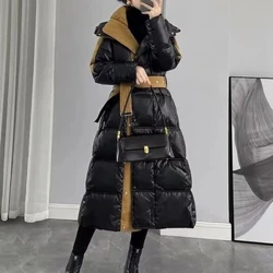 Achlysurol Sustans Trwchus Gaeaf Spliced ​​Hooded Parkas Swyddfa Patchwork Lady Down Cots Cills Gaeaf Merched Merched Pocedi Côt Hir