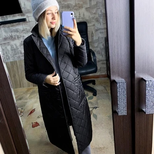 Моднае жаночае цёплае паліто восень-зіма 2023 года з баваўнянай падкладкай і доўгім поясам, прыталеная куртка з ромбам