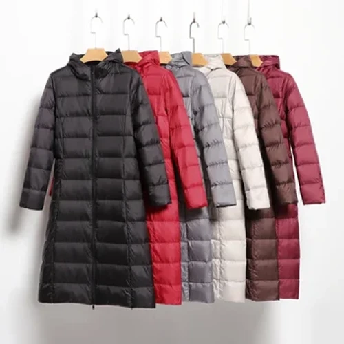Jacheta pentru femei lungi în jos 2023 Noua sosire feminină ultra -ușoară genunchi moda subțire Slim Fit Hoodd Down Coat Casual Puffer Jachete