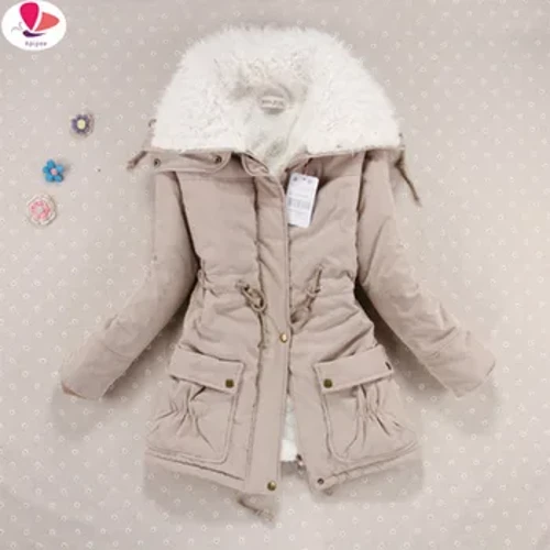 Jaket Musim Dingin Wanita Menebal Berkerudung Panjang Jaket Turun Wanita Mantel Slim Fit Kerah Rambut Berlapis Katun Mantel Pakaian Wanita Turun mantel
