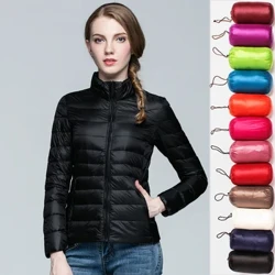 Down Parka Wanita Ultra Ringan Tipis Jaket 2020 Musim Gugur Musim Dingin Ramping Pendek Berkerudung Hangat Putih Bebek Turun Mantel Pakaian Luar Wanita