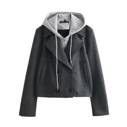 PB&ZA 2024 Spring New Women's Fashion and Elegance Slim Fit Versatile Hooded Spliced Short Jacket Coat