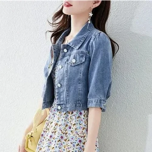 Culturi vintage, la modă, jachete cu guler răsturnat, pentru femei, îmbrăcăminte de bază, solidă, cu jumătate de mânecă, denim, jachetă de blugi Harajuku Street pentru femei