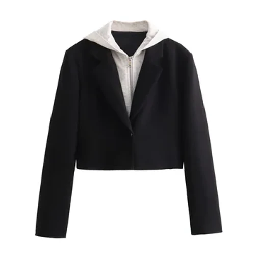 PB & ZA 2024 printemps nouvelle mode féminine et polyvalent à capuche épissure court faux deux pièces costume manteau