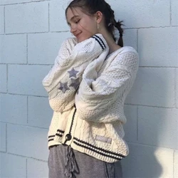 Thêu Ngôi Sao Y2K Áo Len Nữ Vintage Mùa Đông Dạo Phố Áo Ngực Đơn Dài Tay Rời Dệt Kim Cổ Tim Phối