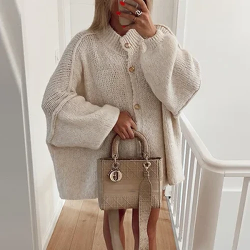Cardigan surdimensionné uni pour femme, pull décontracté à manches longues, col rond, simple boutonnage, manteau en tricot, ample, assorti avec tout, printemps 2024