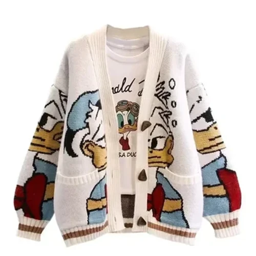 Gwau Disney Cardigan Siwmperi Donald Cartwn Japaneaidd ar gyfer Merched Côt Benywaidd Hydref a Gaeaf Rhydd Gwyllt Tewhau Kawaii Tops