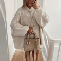 Cardigan Kantor Kasual untuk Wanita Sweater Rajutan Single Breasted Lengan Lentera O-neck Sweater 2024 Musim Semi All-Match Top