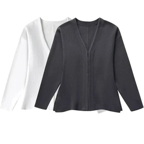 TRAFZA femmes printemps mode pull gris blanc col en v manches longues simple boutonnage tricoté hauts femme décontracté mince Cardigans