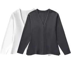 TRAFZA Dame Forårsmode Sweater Grå Hvid V-hals Langærmede Enkeltradede strikkede Overdele Kvinde Casual Slanke cardigans