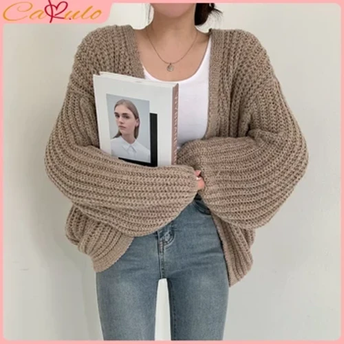 CAKULO Vintage Bông Tai Kẹp Tay Phồng Nữ Áo Len Cardigan Cổ Hàn Quốc Mùa Thu Dạo Phố Áo Phối Sang Trọng Lười Gió Y2k Áo Len