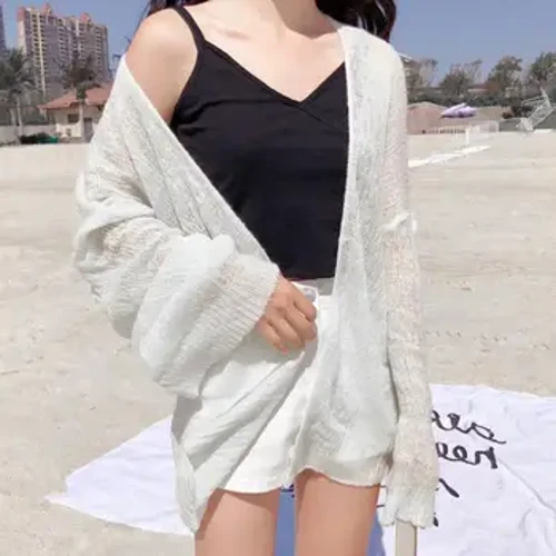 Sommarstickad kofta kofta lat lös Hollow soild färg långärmad luftkonditionerad skjorta Cropped Sweter Cardigan