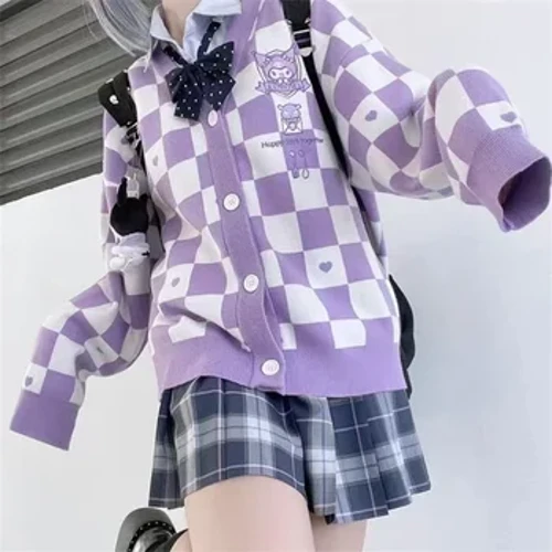 Sanrio Pompom Purin Cardigan Côt Ciwt Y2k Fy Melody Kuromi Cinnamorol Hydref Merched Gaeaf Siwmper Anrhegion Siaced Achlysurol Siaced