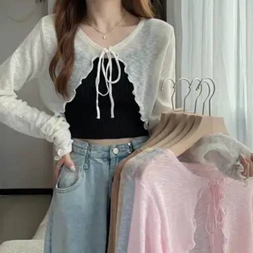 Mỏng Chống Nắng Cardigan Cột Dây Nón Kết Nam Nữ Áo Mùa Hè Nữ Phong Cách Hàn Quốc Tay Phồng Áo Khoác Ngắn Áo Chống Nắng