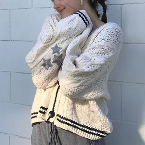 S-3XL Damen Hierscht V-Hals Stréckpullover Warm Star Brodert Beige Holiday Cardigan Weiblech Wanter Y2k Stricken Cardigan
