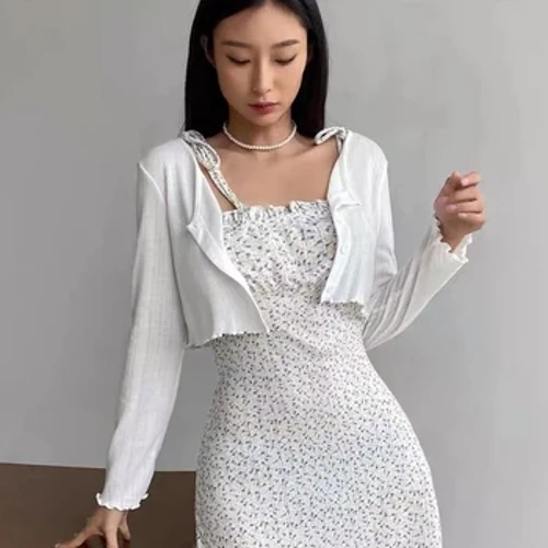 Mùa Hè 2024 Màu Trơn Mỏng Cardigan Nữ Tất Cả Trận Đấu Tay Dài Chống Nắng Cardigan Nữ Phong Cách Hàn Quốc Phối Ren Crop Top
