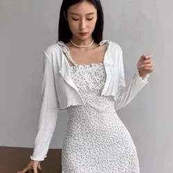 Cardigan subțire de culoare solidă de vară 2024 pentru femei, toate se potrivesc cu mânecă lungă, cu protecție solară, cardigan pentru femei, în stil coreean, crop top cu șireturi