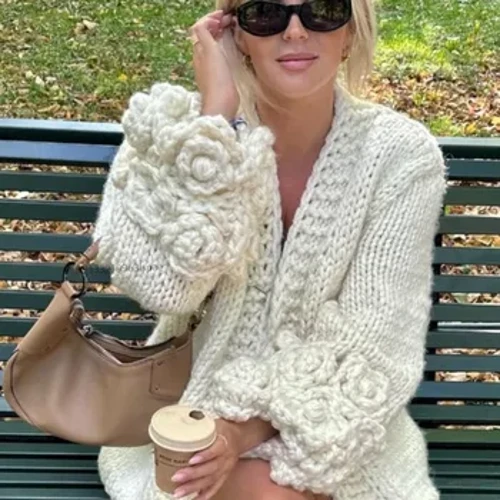 Frae Solid Corchet Déck Strick Cardigan Casual Sweet Lantern Ärmel Sweater Mantel Nei Weiblech Hierscht Wanter Streetwear 2024