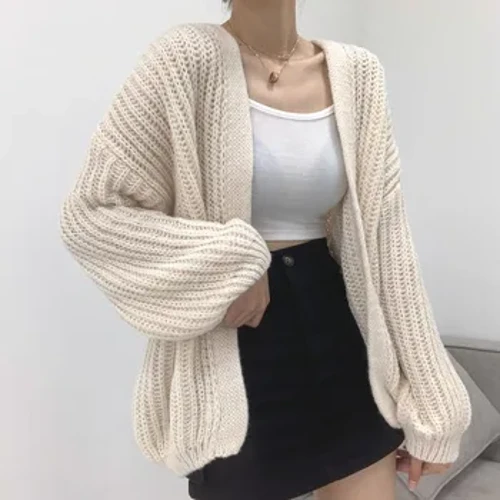 Hàn Quốc Rỗng Gió Lười Y2k Áo Len Vintage Cổ Tay Phồng Dệt Kim Cardigan Nữ Bông Tai Kẹp Áo Len Mùa Thu Áo Phối 23328