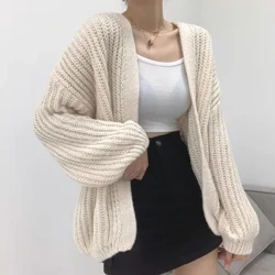 Hàn Quốc Rỗng Gió Lười Y2k Áo Len Vintage Cổ Tay Phồng Dệt Kim Cardigan Nữ Bông Tai Kẹp Áo Len Mùa Thu Áo Phối 23328