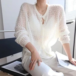 2024 Hollow Out See Through Cardigan Lady Mode Long Sleeve Single Breasted Button Strick Pullover Fraen Hierscht Séiss Dënn Top