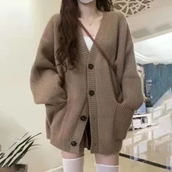 Nữ Thu Đông Áo Len Cardigan Áo Khoác Thời Trang Nữ Tay Dài Cổ Chữ V Rời Dệt Kim Áo Len Cổ Cổ Tim