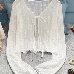 Kaos Wanita Musim Panas Tipis Busur Warna Solid Pendek Tipis Cardigan Wanita Korea Fashion Kasual Perlindungan Matahari 2023 Top Wanita Kain