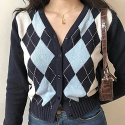 Vintage V-Neck Kotak-kotak Lengan Panjang Sweater Wanita 2024 Musim Gugur Musim Dingin Pendek Rajutan Cardigan Sweater Wanita Gaya Inggris Atasan