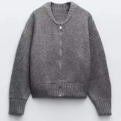 Ffasiwn O-wddf Merched Byr Cardigan Retro Zipper Llewys Hir siwmper gwau Benyw 2024 Achlysurol Rhydd Rhydd Solet Siwmperi Clytwaith