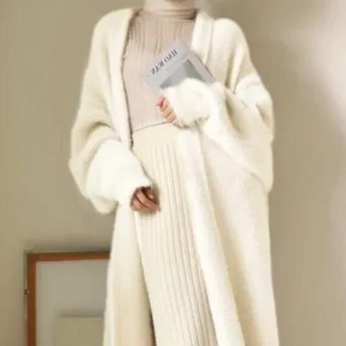 Trắng Dài Cardigan Nữ 2024 Quần Áo Mùa Đông Dệt Kim Lông Tơ Dài Tay Cashmere Áo Len Phối ClotHàn Quốc Phong Cách Ấm Áp Vintage