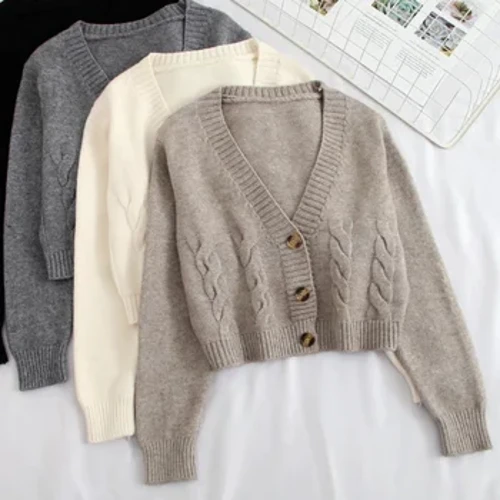 V Neck krótki sweter damski z długim rękawem Twist sweter z dzianiny płaszcze jesienno-zimowa utrzymuj ciepło koreańska modna kurtka sweter