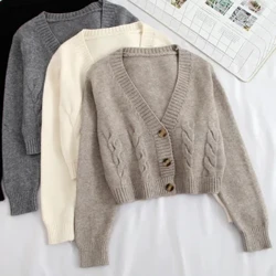 Cardigan recortado com decote em v feminino manga longa torção camisola de malha casacos outono inverno manter quente moda coreana jaqueta cardigan