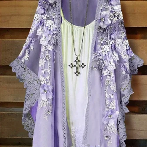 Argraffu cardigan chiffon newydd yr haf cot traeth ymyl les achlysurol i fenywod