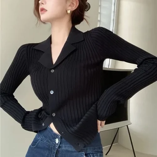 Rimocy Black Knit V Neck Cardigan Femei Modă coreeană Modă cu mânecă lungă Cardigans Femeie Single Slim Slim Fit Jumper Mujer