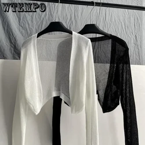 Kem Chống Nắng Cardigan Mỏng Nữ Dệt Kim Phối Cảnh Áo Dài Tay Phủ Đơn Giản Casual Basic Slim Thời Trang Hàn Quốc Mùa Hè