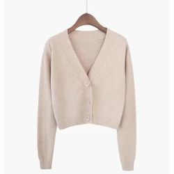 Stickad Crop Cardigan Dam Korean Short Sweater Långärmad V-ringad Grön Blå