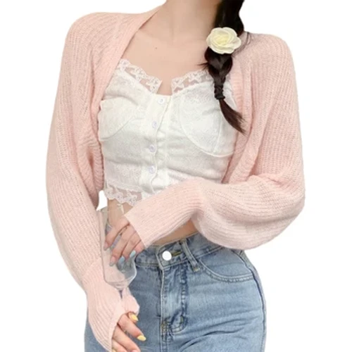Cardigan corto in maglia con protezione solare in tinta unita a maniche lunghe con apertura frontale aperta da donna 2023