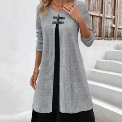 Gaun Wanita Palsu Dua Potong Lengan Panjang Ukuran Plus Modis ing Musim Gugur Musim Dingin Serbaguna Rajutan Knee Length Slim A-Line Dress