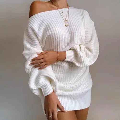 Cea mai tare rochie de pulover tricotată cu mânecă lanternă, casual, pentru femei, cu decolteu O, mini rochii scurte tricotate linie A